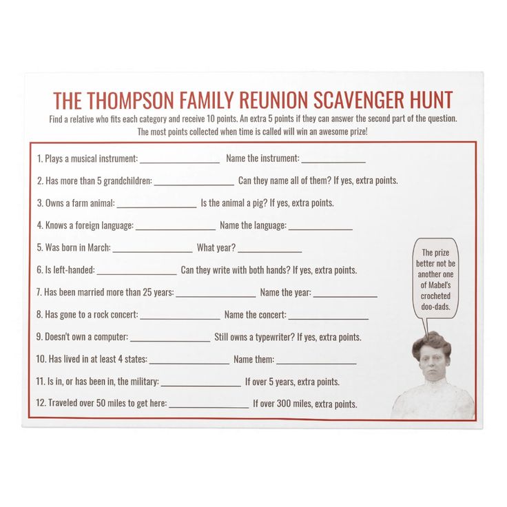 the thompson family reunion scavenger hunt is shown in red and white with an image of a woman's face