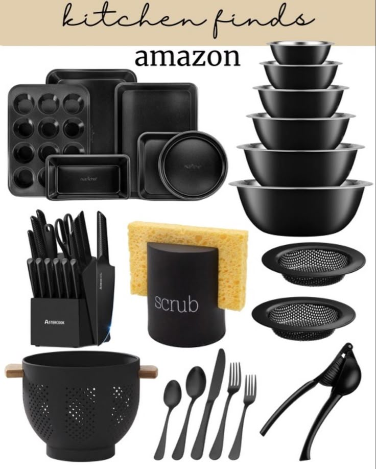 Black kitchen finds from amazon Black Kitchen Organization Ideas, Black Kitchen Aesthetic Apartment, Black Decor Kitchen Ideas, Matte Black Kitchen Decor, Black Kitchen Inspiration Apartment, Black Kitchen Dishes, Black House Accessories, Black Themed Kitchen Ideas, Black Kitchen Essentials