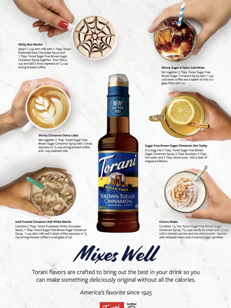 an advertisement for torani mixes well with drinks and desserts on the counter top