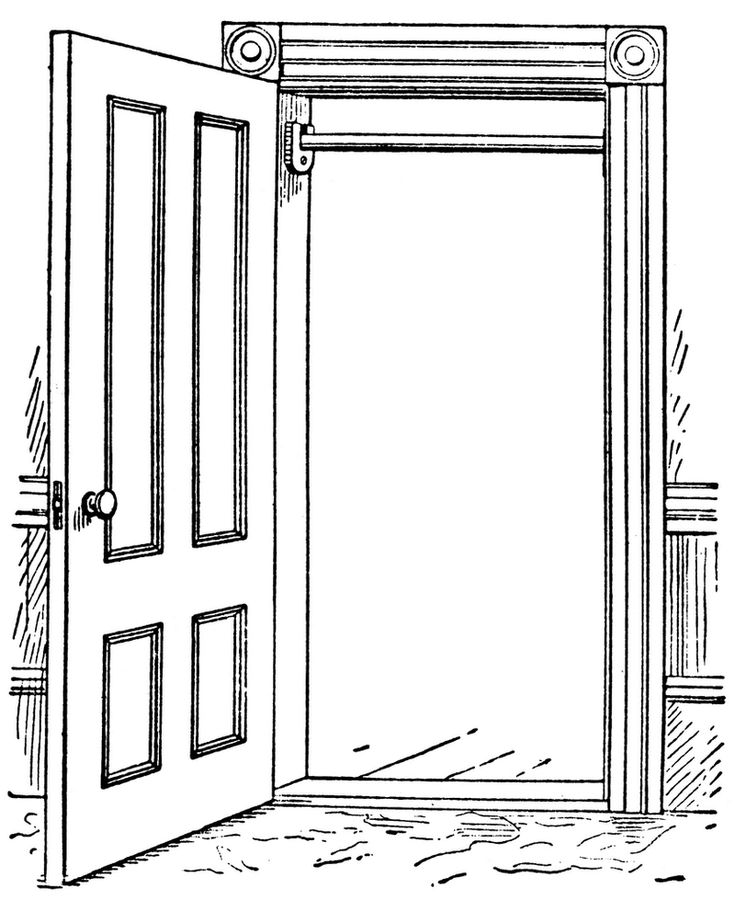 an open door is shown in this black and white drawing, it appears to be empty