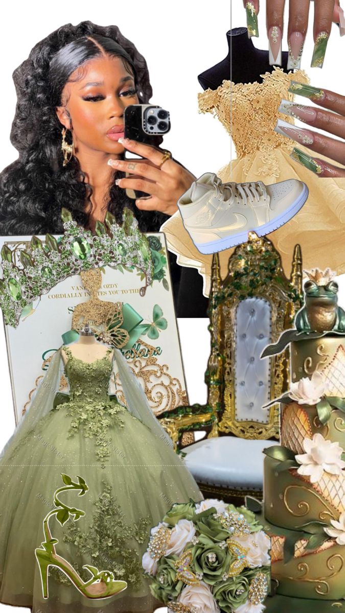 a collage of wedding dresses, shoes and jewelry with a woman taking a photo