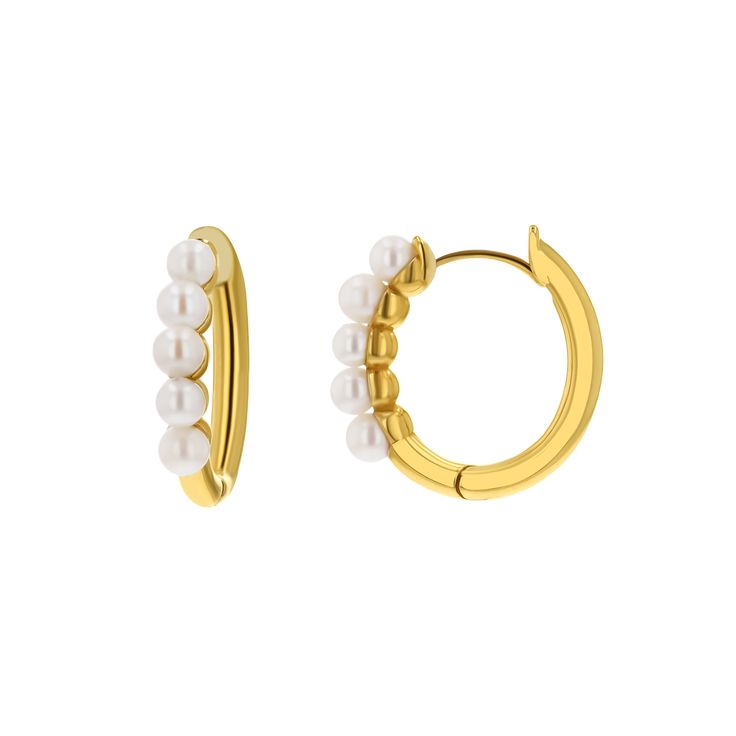 Five perfect pearls adorn this classic 14K Gold Huggie, and add a hint of sophistication and classic style. Dainty and elegant these beauties are a staple for a perfect year round stack. Wear alone for a minimal statement or layered for a perfect pearl pop! 

Size: 2.5-3mm pearl size - 10 x 12mm inside diameter 
14K Solid Gold
Made in Los Angeles
Lifetime Guarantee Classic Pearl Chain Hoop Earrings Gift, Huggies Hoop Earrings, Perfect Pearls, Wear Pearls, Earring Sale, Metal Crafts, Pearl Size, Personalized Necklace, Precious Metals