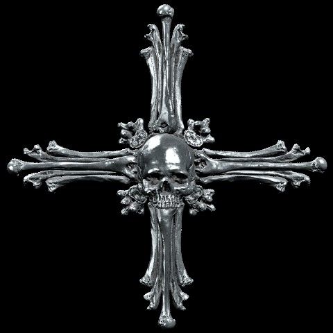 a silver cross with skulls and flowers on the front, against a black background photo