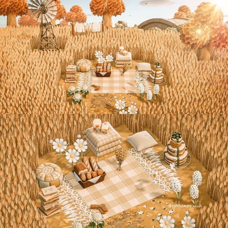 an illustration of a picnic in the middle of a wheat field with flowers and pies