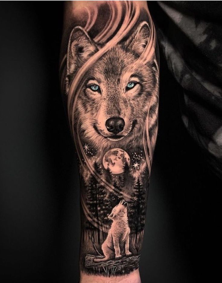 a man with a wolf tattoo on his arm