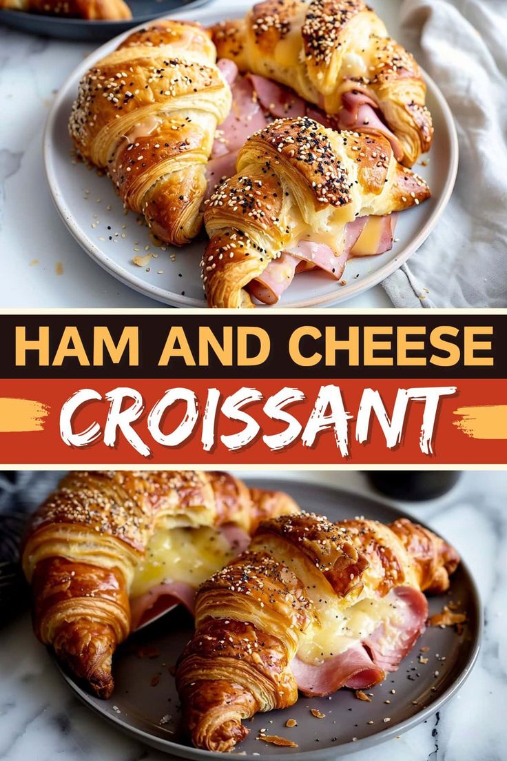 ham and cheese croissants on a plate with the words ham and cheese