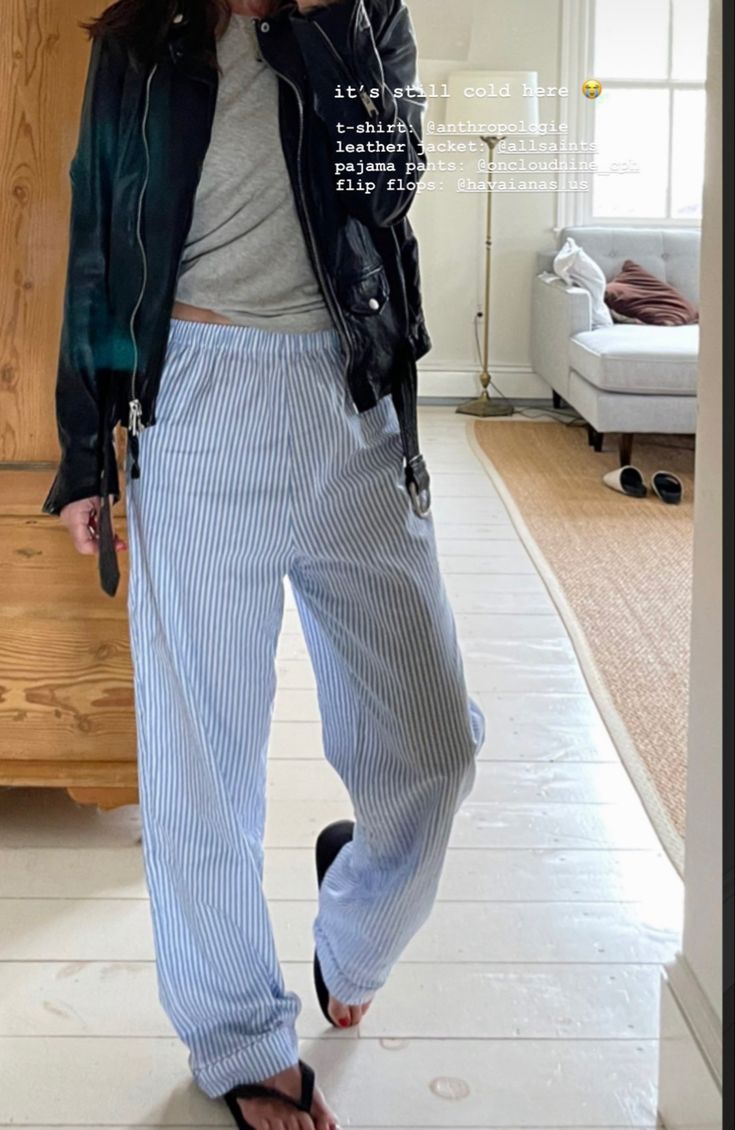 Blue And White Striped Pants Outfit, Larissa Mills, White Striped Pants Outfit, Pajama Pants Outfit, Striped Pajama Pants, White Pajamas, Pants Outfit Casual, Pajama Pant, Pj Pants