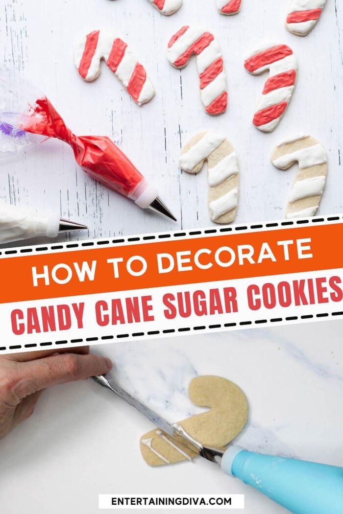 how to decorate candy cane sugar cookies with text overlay that reads, how to decorate candy cane sugar cookies