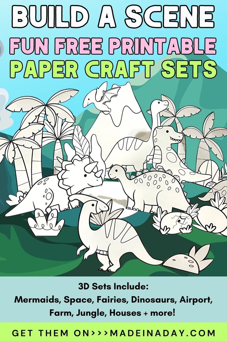 a poster for a paper craft contest with dinosaurs and trees in the background text reads build a scene fun free printable paper crafts