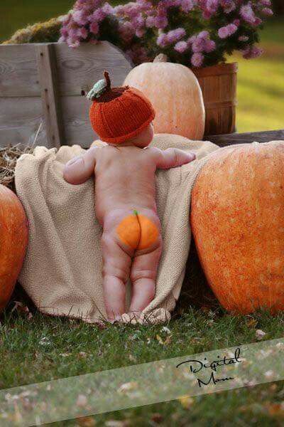 a baby laying on top of two pumpkins