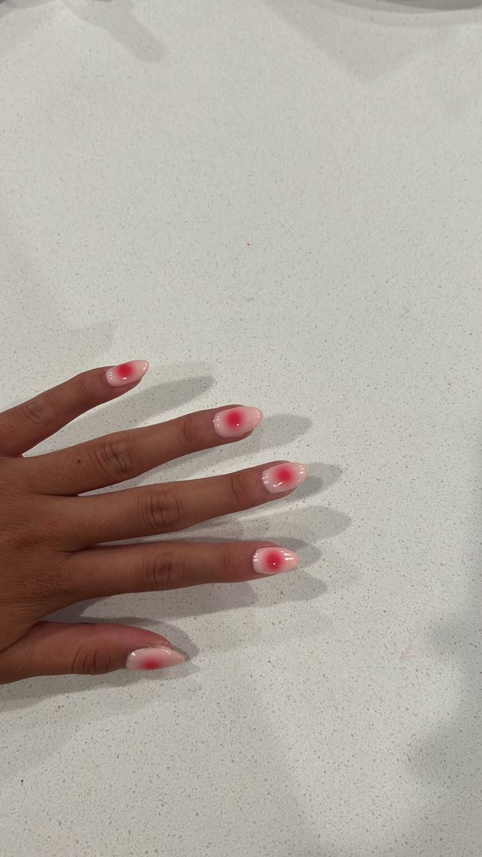 Pink And Red Blooming Gel Nails, Red And Pink Aura Nails, Pink And Red Aura Nails, Aura Red Nails, Red French Tip With Chrome, Red Blooming Gel Nails, Pink Shirt Nails, Summer Aura Nails, Aura Nails Red