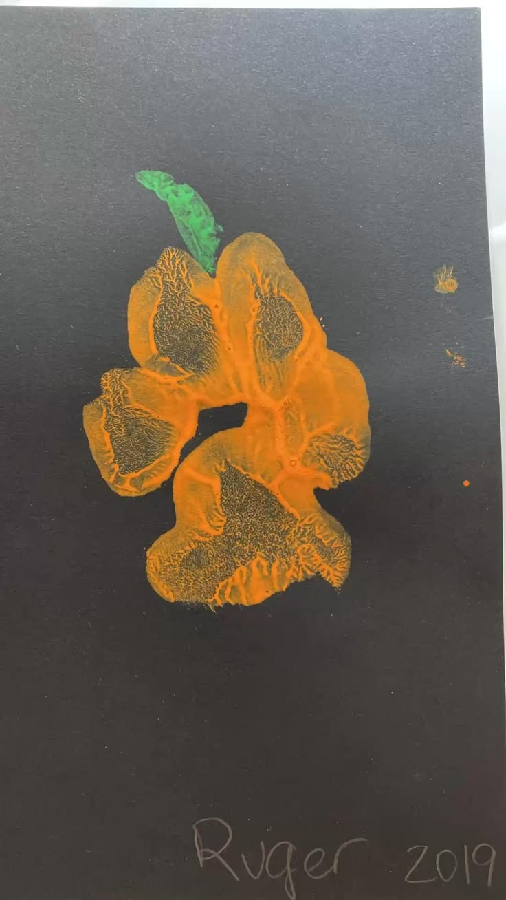 an orange flower is drawn on a black paper