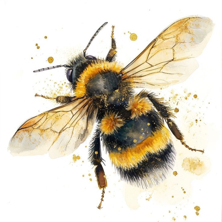 a painting of a bee with yellow and black stripes on it's wings, sitting in front of a white background