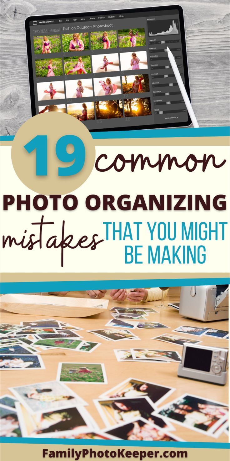 Digital photos on a tablet with a stylus and printed photos scattered across the floor with the title in the middle that reads: "19 Common Photo Organizing Mistakes That You Might Be Making. Photo Organization Storage, Photo Book Inspiration, Digital Photo Organization, Preserving Photos, Picture Organization, Photography Organizations, Photo To Art, Photo Care, Old Family Photos