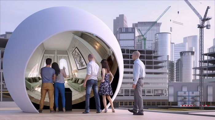 several people are standing outside in front of a futuristic looking building with large round windows