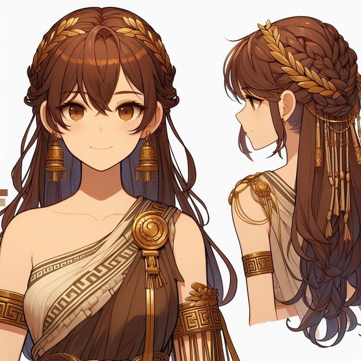 an anime character with long hair and braids in her hair, wearing gold jewelry