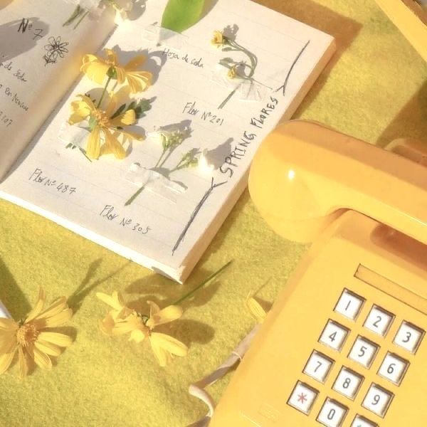 an open book sitting on top of a table next to a phone and flower vase