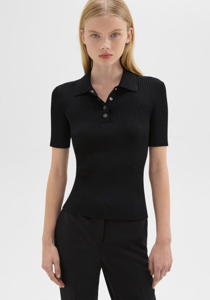 SHORT SLEEVE RIBBED POLO | O0116718 83% Viscose 17% Polyester; Exclusive Of Trim Machine wash cold, gentle cycle. Do not bleach or tumble dry. Lay flat to dry in shade. Cool iron if needed. Dry clean with any solvent except trichloroethylene. Imported. True to size, choose your normal size Slim fit, short sleeves Hip length Model is 5’11” and wearing a US size S A polished and classic polo that is tailored for a slim silhouette with short cut sleeves. Crafted for a smooth and compact finish, this pointed collar style is rib knit with viscose that is made with wood pulp sourced from certified responsibly managed forests. Shopping Event, Short Cut, Polo Sweater, Adrianna Papell, Short Sleeve Polo, Black Knit, Preppy Style, Outerwear Jackets, Short Outfits