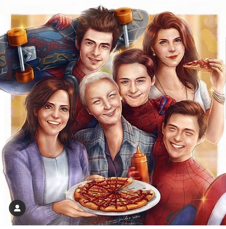 a group of people holding a pizza on top of a plate with the faces of spider - man and woman