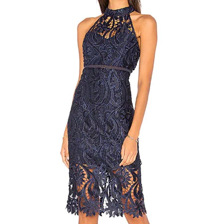 French Navy Color Chic Midi-length Lace Party Dress, Chic Midi Lace Dress For Party, Chic Lace Midi Dress For Party, Navy Fitted Midi Dress, Blue Sheath Midi Dress For Party, Navy Knee-length Evening Dress, Navy Knee-length Cocktail Dress, Summer Lace Dress For Night Out, Midi Length, Summer Lace Midi Dress For Night Out