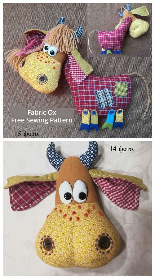 three different pictures of stuffed animals made out of cloths and fabric with eyes, noses,