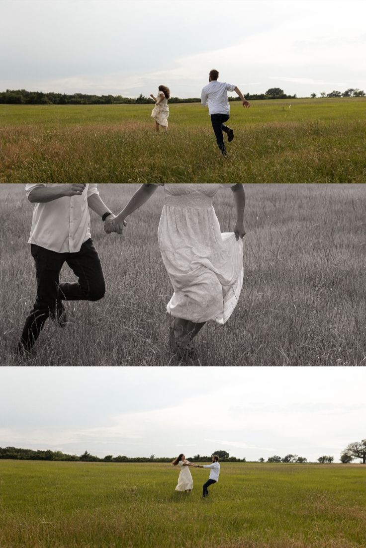 A couple running in an open field. Man running after his fiancé in a fun game of tag. couple holding hands with women in front. Documentary Engagement Photos, Field Engagement Photos, Engaged Couples Photography, Photo Documentary, Cute Engagement Photos, Texas Photography, Romantic Engagement Photos, Outdoor Engagement Photos, I Love Jesus