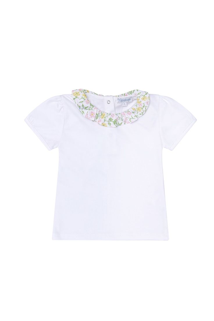 Our Berry Wildflower Tee is made from the finest pima cotton, which is hand-picked in Peru. Our pima is both hypoallergenic and breathable for your kids' delicate skin. The ruffle neck pattern gives it a fresh and flowery vibe. The perfect tee for your little girl. 100% Pima Cotton Machine washable Made in Peru *This beautiful print has come to life thanks to Pearly Gates Designs. Floral Print Peter Pan Collar Summer Top, Cotton Floral Print Top With Ruffled Collar, Cotton Tops With Floral Print And Ruffled Collar, White Summer Top With Peter Pan Collar, White Peter Pan Collar Top For Summer, White Tops With Floral Print And Ruffled Collar, White Summer Shirt With Ruffled Collar, White Ruffled Collar Shirt For Summer, White Cotton Top With Ruffled Collar