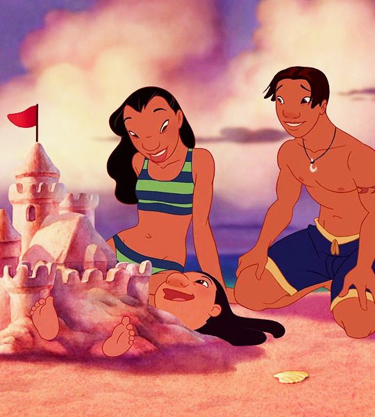 the prince and princess are sitting in front of a castle with their feet on the sand