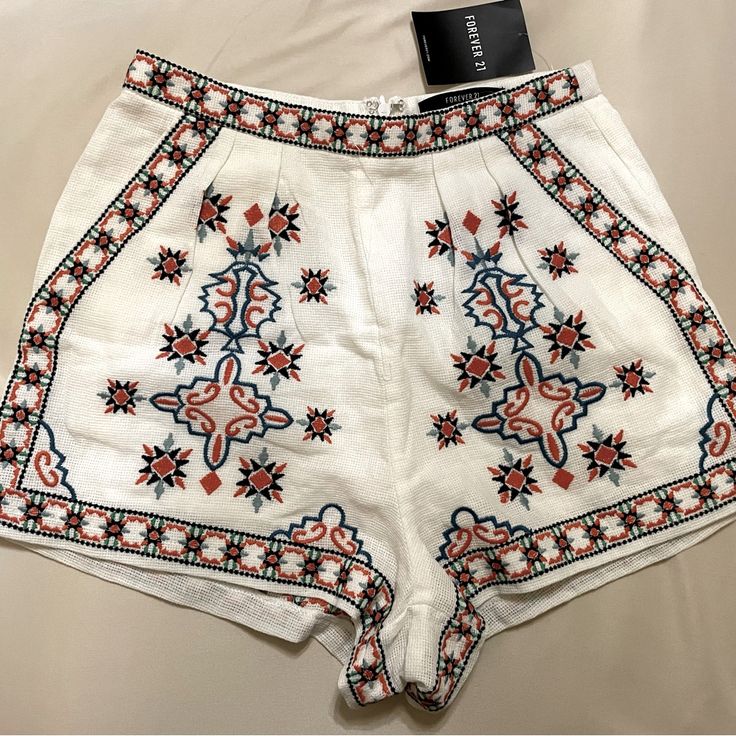 Nwt Embroidered Shorts Size Small Fits More Like A 2 Brand Forever 21 Casual White Embroidered Shorts, Casual White Shorts With Floral Embroidery, White Casual Shorts With Floral Embroidery, Trendy Embroidered Summer Bottoms, Trendy Embroidered Short Shorts, Casual Embroidered Shorts For Summer, Trendy Embroidered Shorts, White Embroidered Summer Shorts, Embroidered Bottoms For Spring Day Out