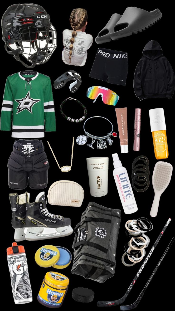 an assortment of sports gear and items displayed on a black background, including hockey equipment