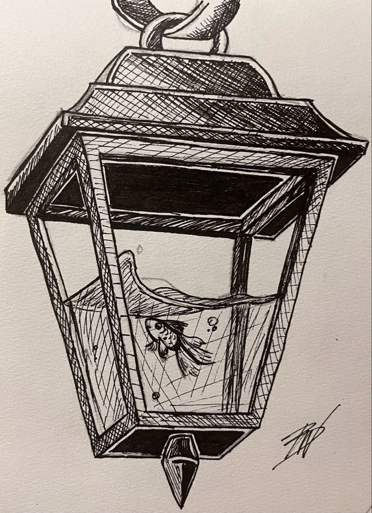 Fish trapped in a lantern fast sketch ink drawing fine lines black and white Fineline Pen Art, Simple Pen Sketches Aesthetic, Water Sketch Pen, Easy Things To Sketch Step By Step, Drawings To Do With Pen, Lantern Fish Drawing, White Doodle Aesthetic, Black Pen Drawing Aesthetic, Aesthetic Pen Sketches