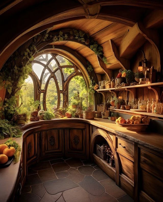 a kitchen with an arched window and lots of greenery on the counter top, along with wooden cabinets