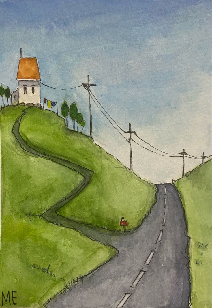 a drawing of a country road with a house on the hill and power lines above it