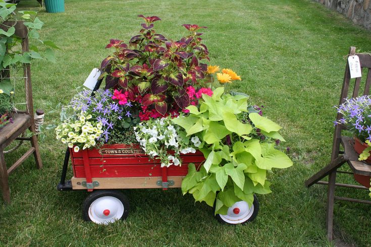 a red wagon filled with lots of flowers