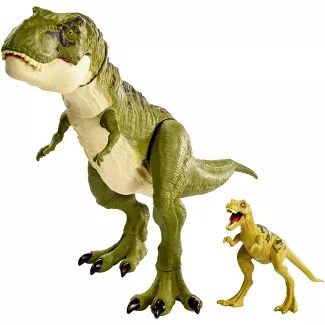 two toy dinosaurs standing next to each other