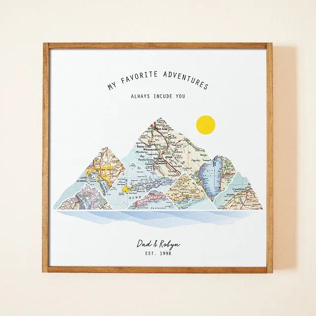 a framed map with the words my favorite adventures and an image of mountains on it