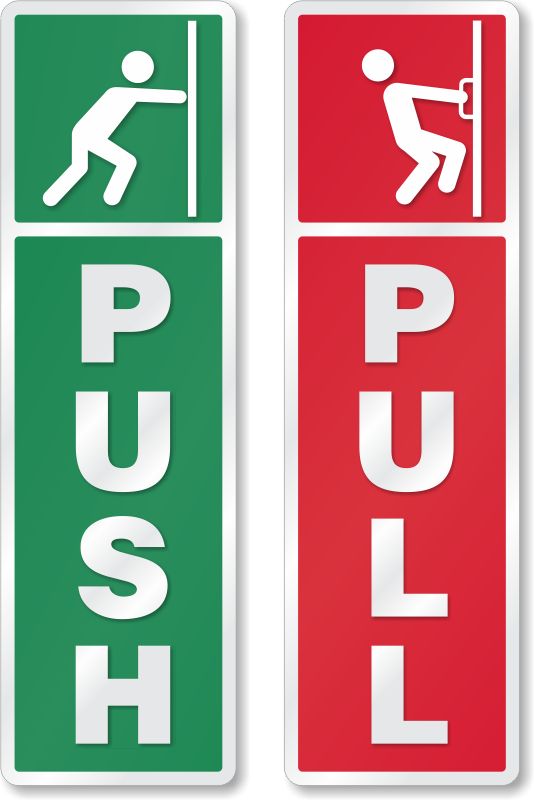 two red and green push signs with the words push on one side and the word push on the other