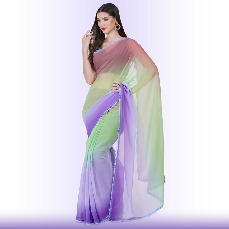 Elevate your style with our exquisite Shaded Georgette Saree in enchanting Purple! 🌟 Crafted for elegance and comfort, this saree seamlessly blends tradition with contemporary flair. The soft georgette fabric drapes gracefully, offering a flattering silhouette for any occasion. The mesmerizing shaded effect transitions from a rich dark purple to a lighter hue, adding depth and allure. 💜 Perfect for weddings, parties, or festive celebrations, this saree promises to make you stand out effortless Elegant Semi-stitched Multicolor Pre-draped Saree, Festive Fusion Style Pre-draped Georgette Saree, Fusion Style Saree In Georgette With Traditional Drape, Fusion Style Multicolor Pre-draped Saree For Wedding, Multicolor Fusion Style Georgette Dupatta, Festive Fusion Georgette Saree, Festive Fusion Style Georgette Saree, Multicolor Bollywood Chiffon Blouse Piece, Fitted Multicolor Georgette Saree