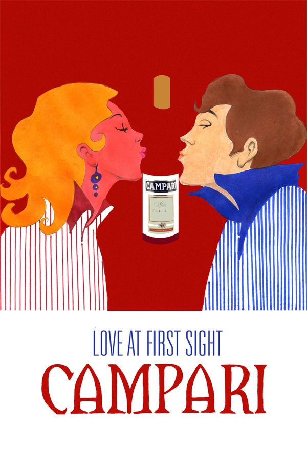 an advertisement for campari beer with two women kissing and the words love at first sight