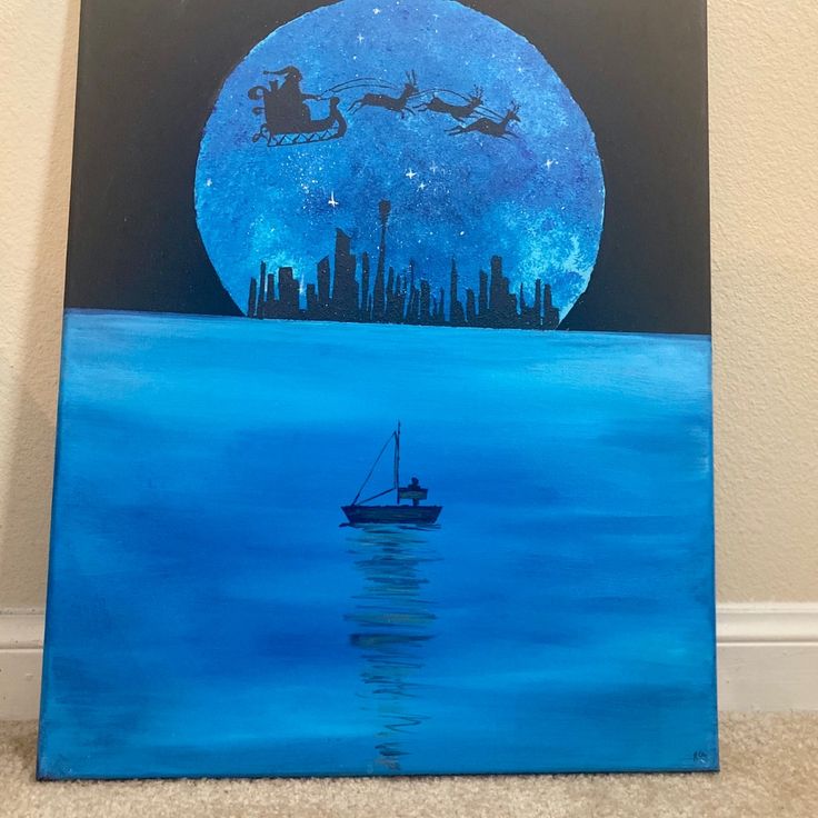 a painting of santa's sleigh flying over the city with his boat