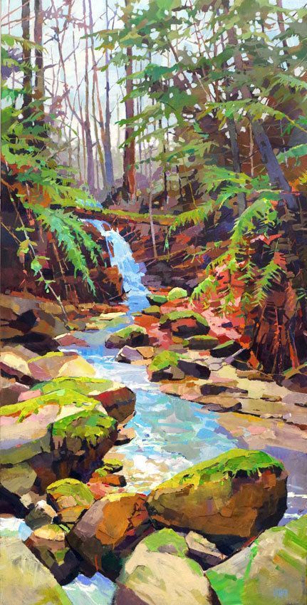 a painting of a stream in the woods with rocks and trees on either side by itself