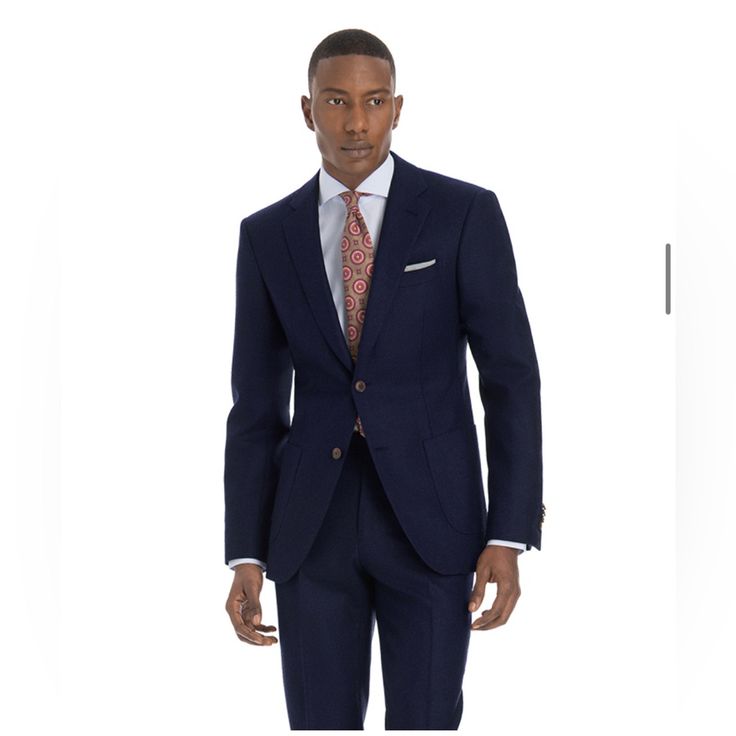 Black Lapel | Men’s Navy Suit, 2 Piece | 42 Chest, 33 Waist, 30 Length. Fitted Suit With Pocket Square, Fitted Suits With Pocket Square For Office, Fitted Suits With Pocket Square, Fitted Office Suit With Pocket Square, Dapper Fitted Suit With Pocket Square, Dapper Suit With Pocket Square, Fitted Suit With Pocket Square For Business Casual, Fitted Suits With Pocket Square For Workwear, Mens Navy Suit