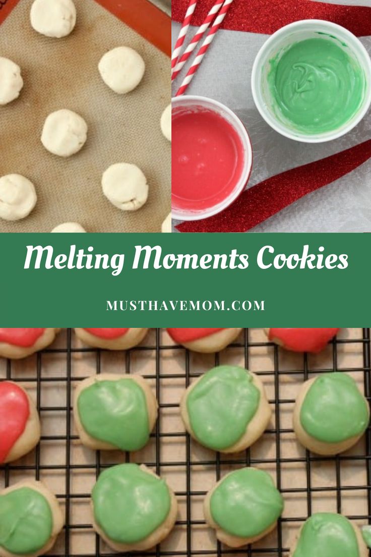 cookies with green and red icing sitting on top of a cooling rack next to cupcakes