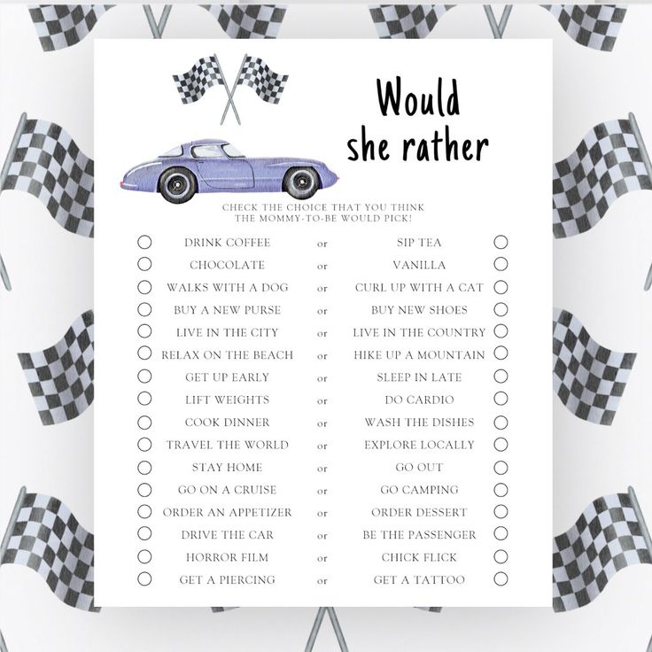 Race car baby shower Would she rather game F1 Baby Shower Theme, Vintage Car Baby Shower Theme, Car Baby Shower Ideas, Car Themed Baby Shower Ideas, Race Car Baby Shower Ideas, Car Baby Shower Theme, Race Car Games, Would She Rather Game, Race Flag