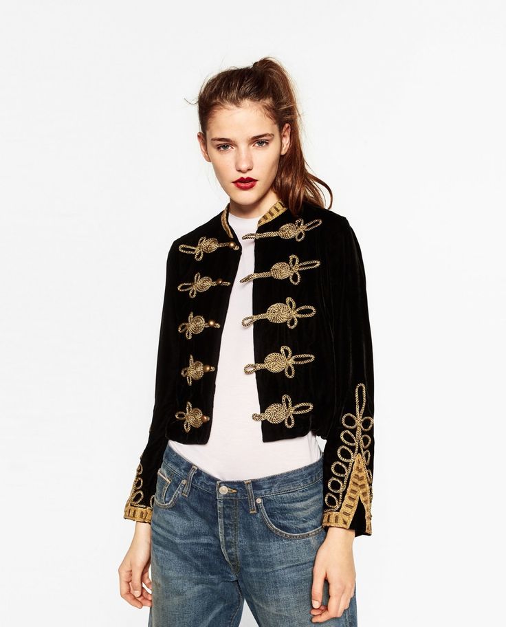 This velvet toggle jacket is the definition of military-chic. Military Trends, Band Jacket, Stand Collar Coat, Fashion Stand, Blazer Jackets For Women, England Fashion, Gold Embroidery, Velvet Jacket, Military Inspired