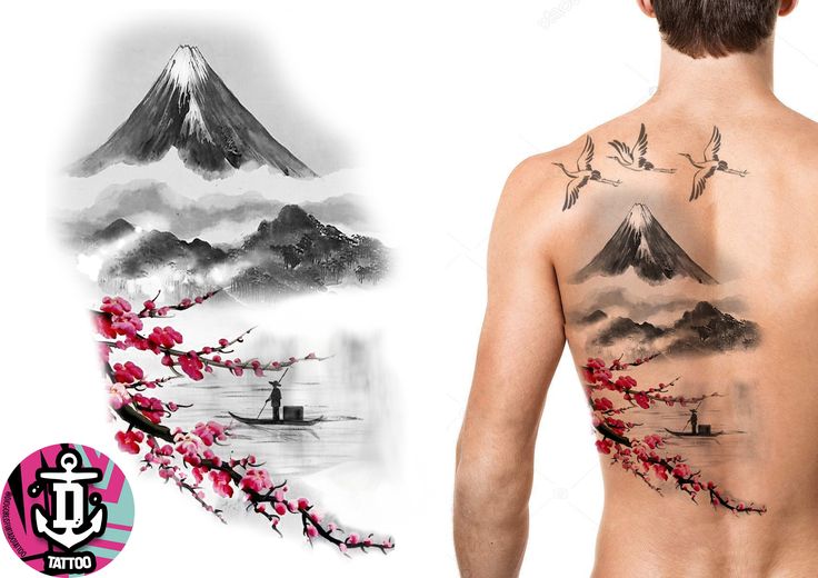 the back of a man's body with tattoos on it and an image of a mountain