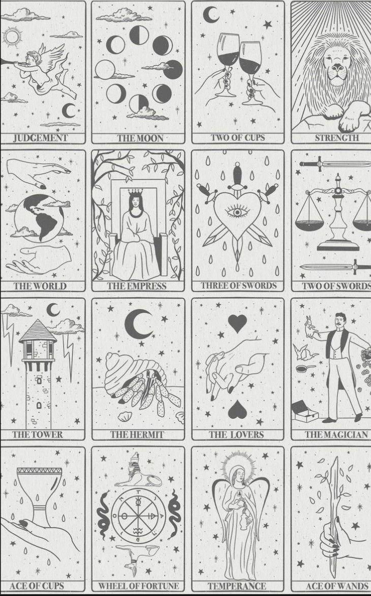 the taroti card is shown in black and white, with different symbols on it