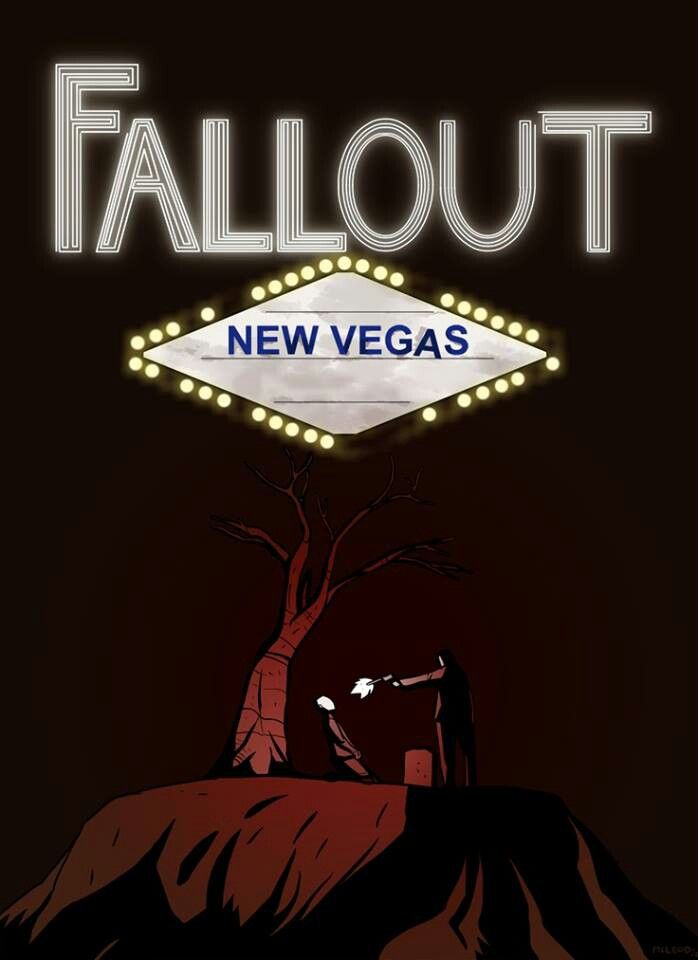 an advertisement for the new vegas strip called fallout, featuring a man standing in front of a tree