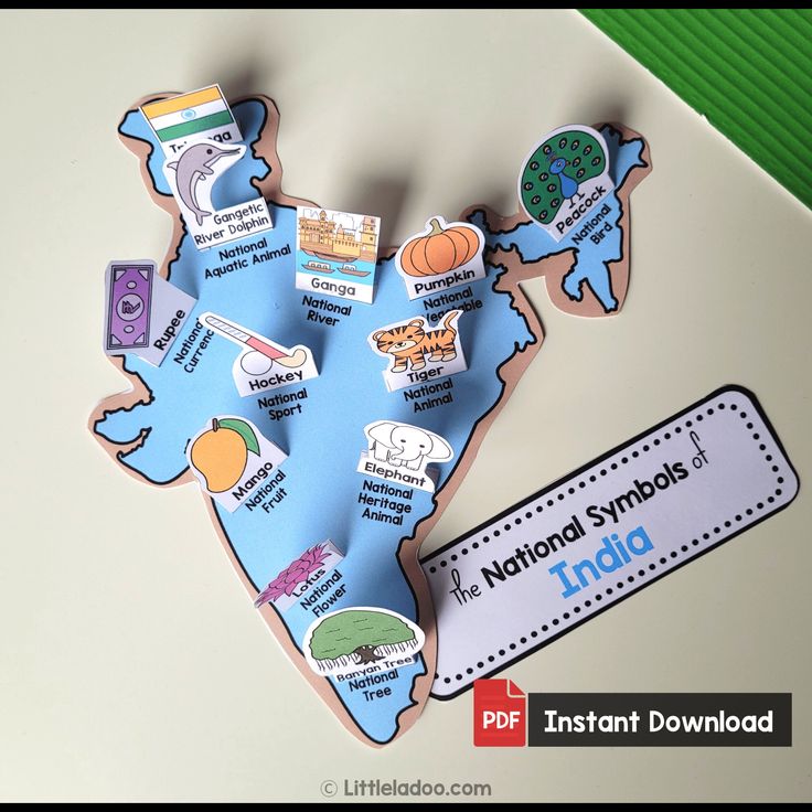 a paper cut out of the shape of india with information about its national symbols on it