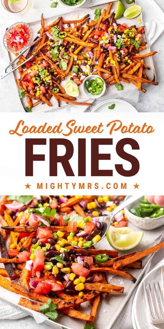 loaded sweet potato fries with salsa and limes on the side